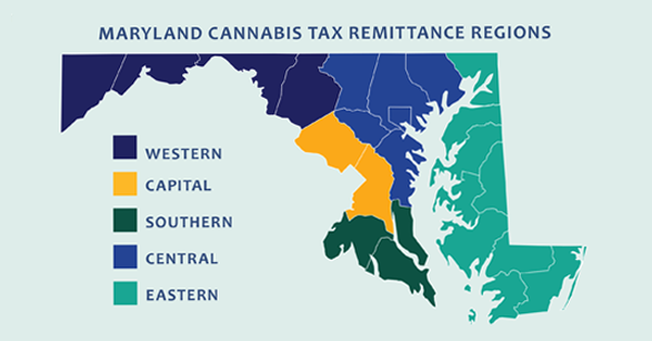 Map showing the 5 Maryland cammabis tax remittance regions: Western, Capital, Southern, Central and Eastern