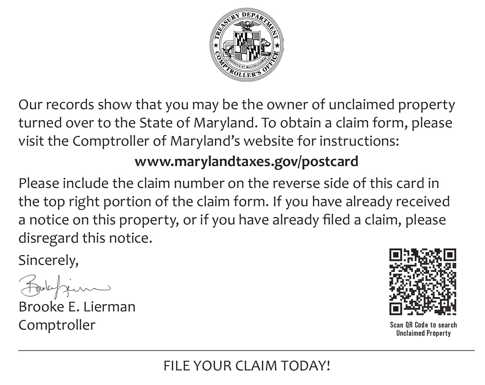 Postcard from the Comptroller explaining unclaimed funds